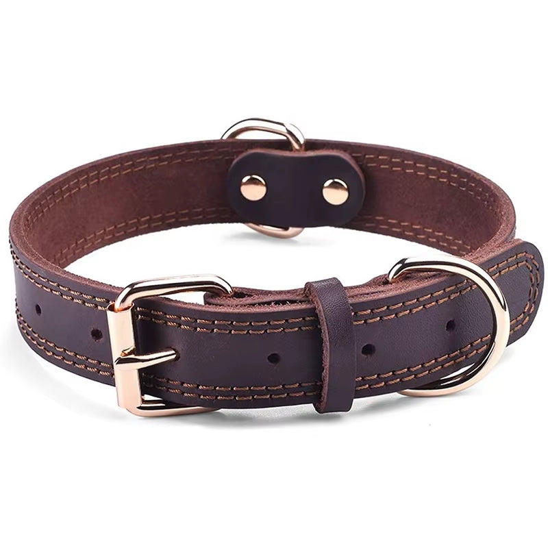 Benepaw Genuine Leather Dog Collar – Heavy-Duty Vintage Double D-Ring