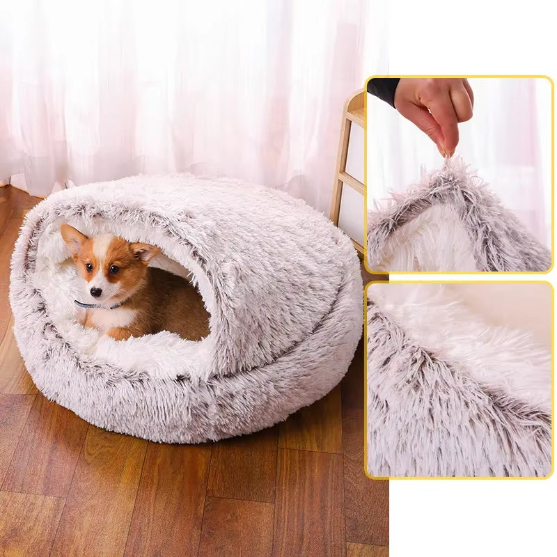 Snooze Cat Bed – Round Plush Hooded Cozy Cave for Cats and Small Dogs