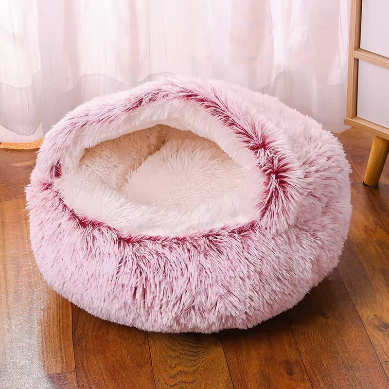 Snooze Cat Bed – Round Plush Hooded Cozy Cave for Cats and Small Dogs