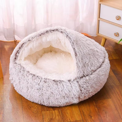 Snooze Cat Bed – Round Plush Hooded Cozy Cave for Cats and Small Dogs