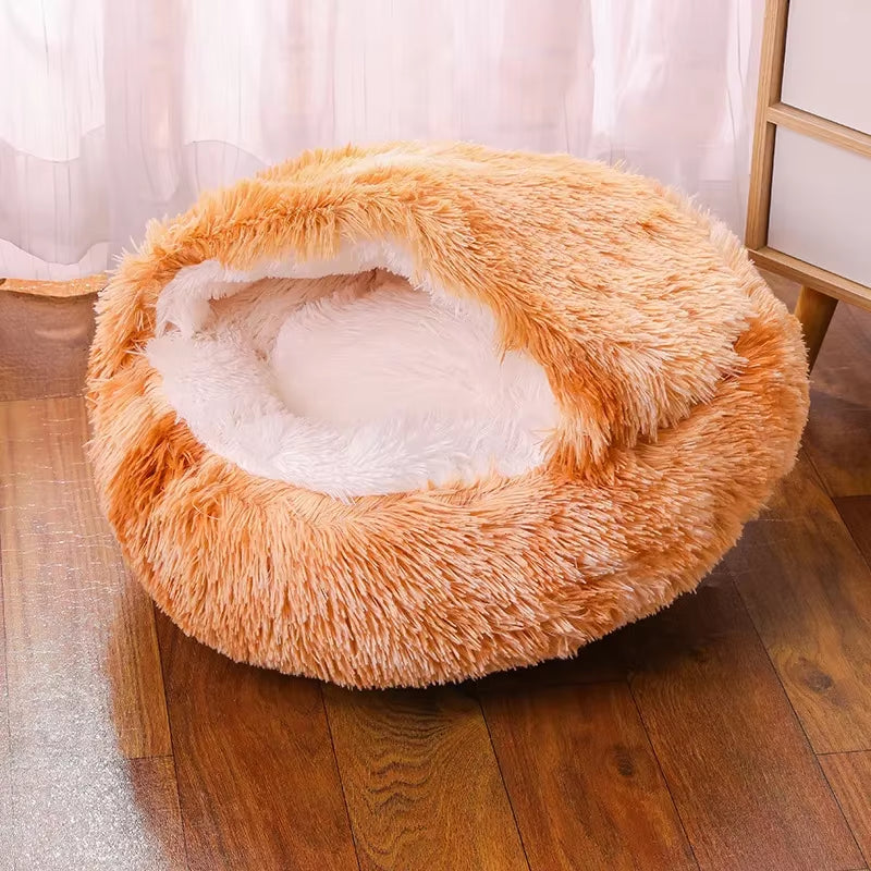 Snooze Cat Bed – Round Plush Hooded Cozy Cave for Cats and Small Dogs