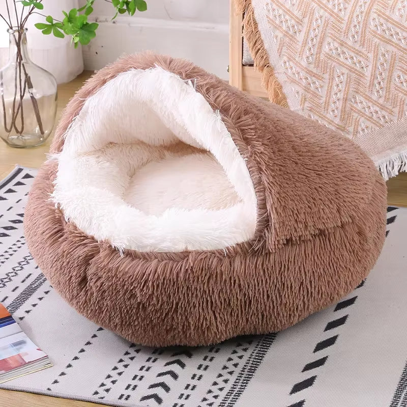 Snooze Cat Bed – Round Plush Hooded Cozy Cave for Cats and Small Dogs