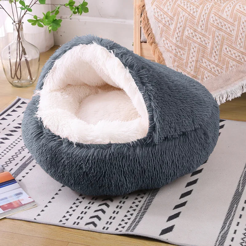 Snooze Cat Bed – Round Plush Hooded Cozy Cave for Cats and Small Dogs