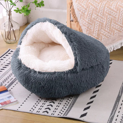 Snooze Cat Bed – Round Plush Hooded Cozy Cave for Cats and Small Dogs