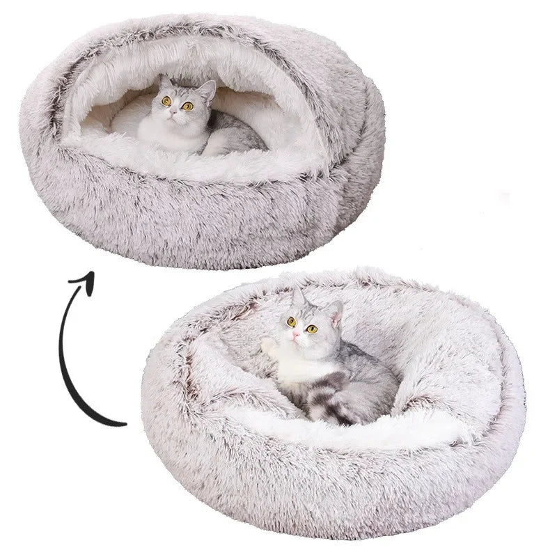 Snooze Cat Bed – Round Plush Hooded Cozy Cave for Cats and Small Dogs