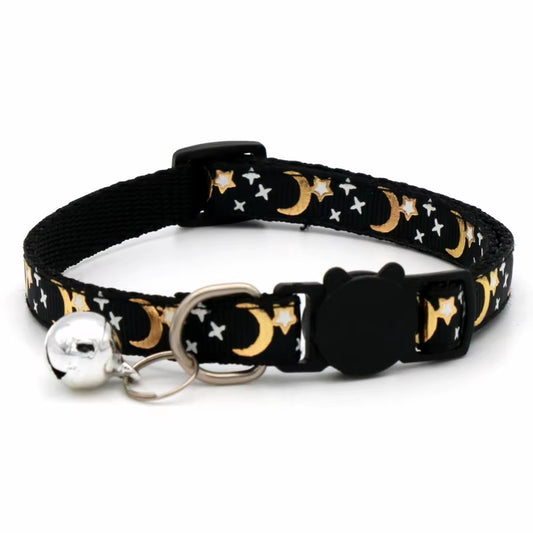 MeowLuna Reflective Cat Collar with Bell – Gold Stars & Moon Design