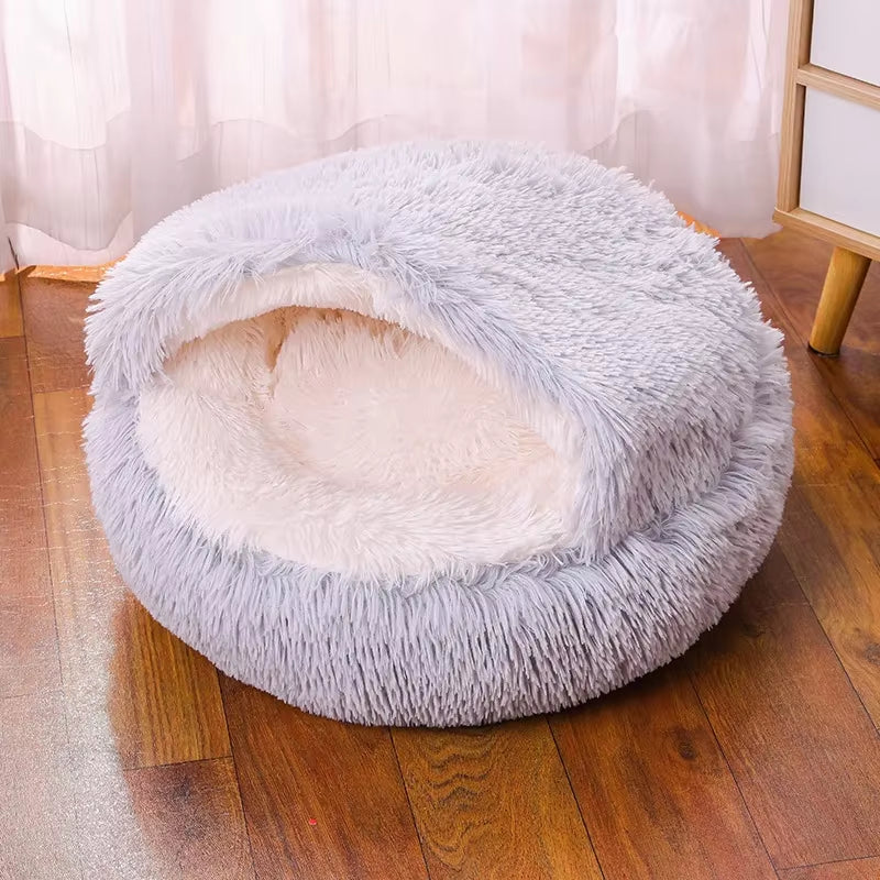 Snooze Cat Bed – Round Plush Hooded Cozy Cave for Cats and Small Dogs